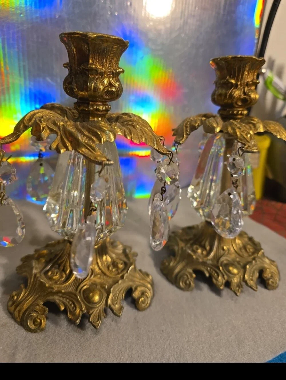 081426 2 Vintage Heavy Brass Candlestick Holders with Hanging Crystals H11 In#bo
